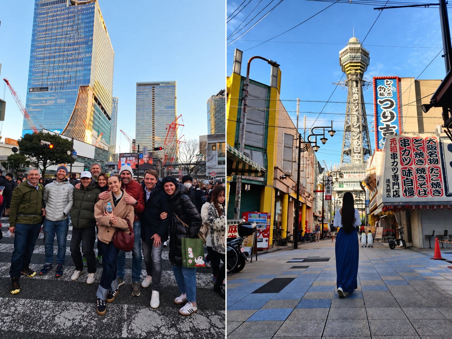 Side-by-side cover: a group at Shibuya crossing in Tokyo on the left and a street leading toward Tsutenkaku in Osaka on the right